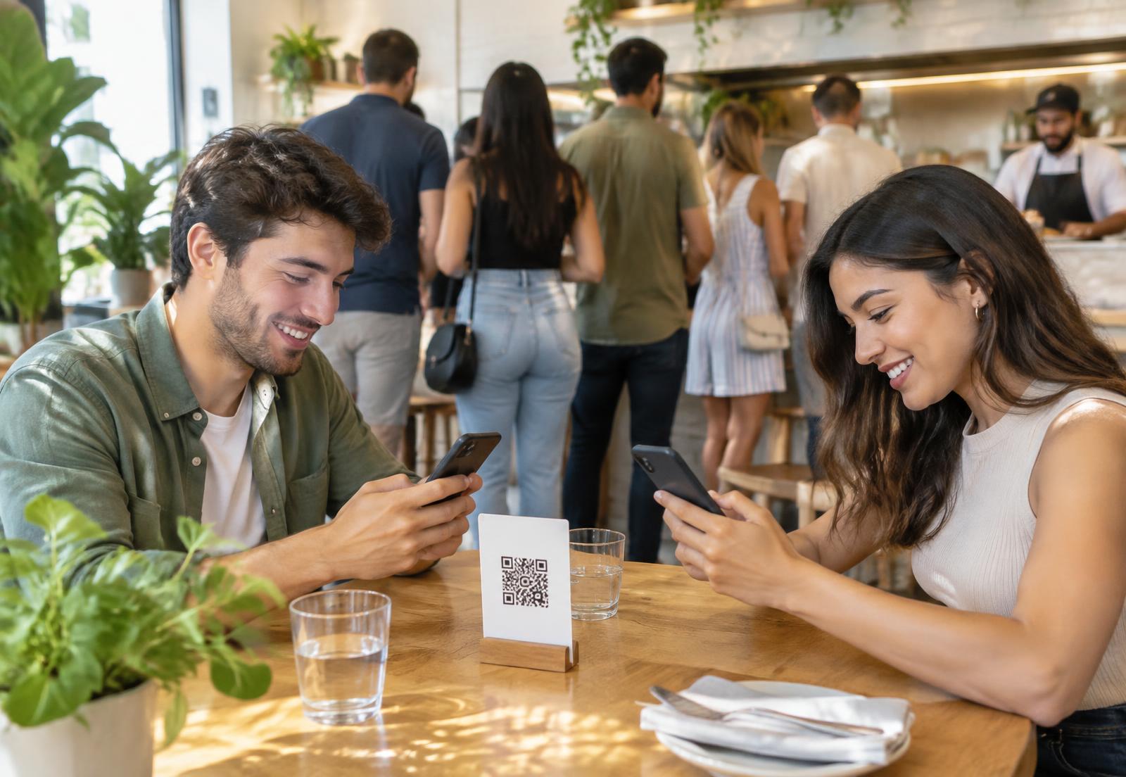 Clienti in fila alla cassa mentre altri ordinano con il QR dal telefono