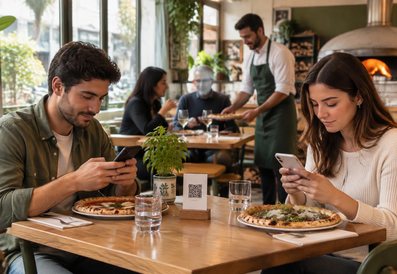 Clienti al tavolo ordinano dal telefono mentre il personale serve la sala